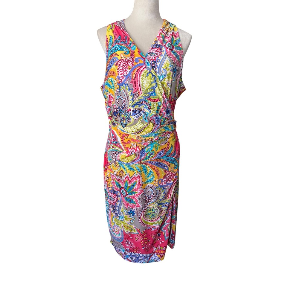 Lauren Ralph Lauren Pink Paisley Faux Wrap Ruched Sheath Dress Size 14